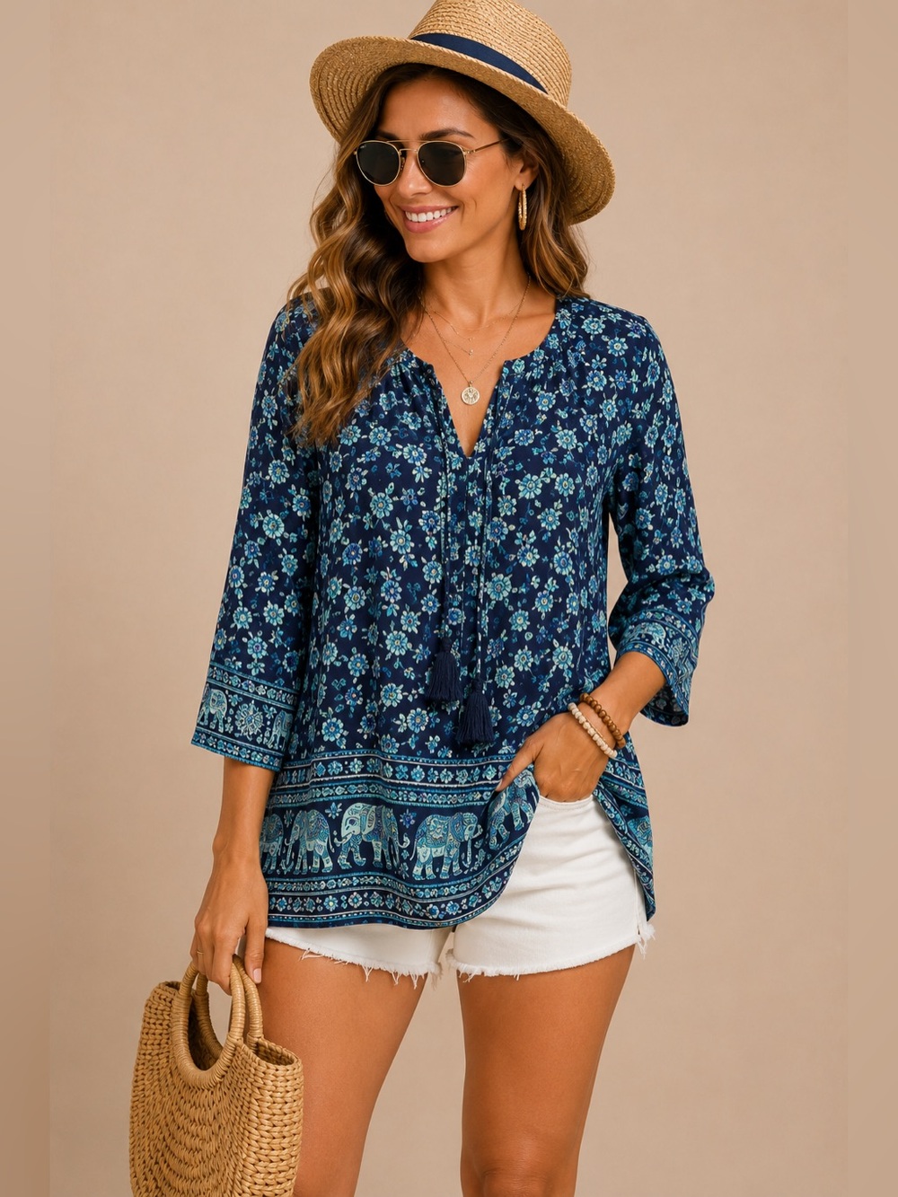 Blossom by P Blue Boho Floral Tunic Top Elephant Border Tassel Tie Size Medium M